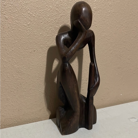 Vintage African Art Hand Carved Wooden Thinking Man Sculpture 12” Statue - Picture 2 of 5